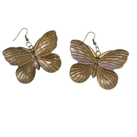 Butterflies Large Statement Moss Green Glitter Enamel Butterfly Pierce Earrings - Picture 3 of 7